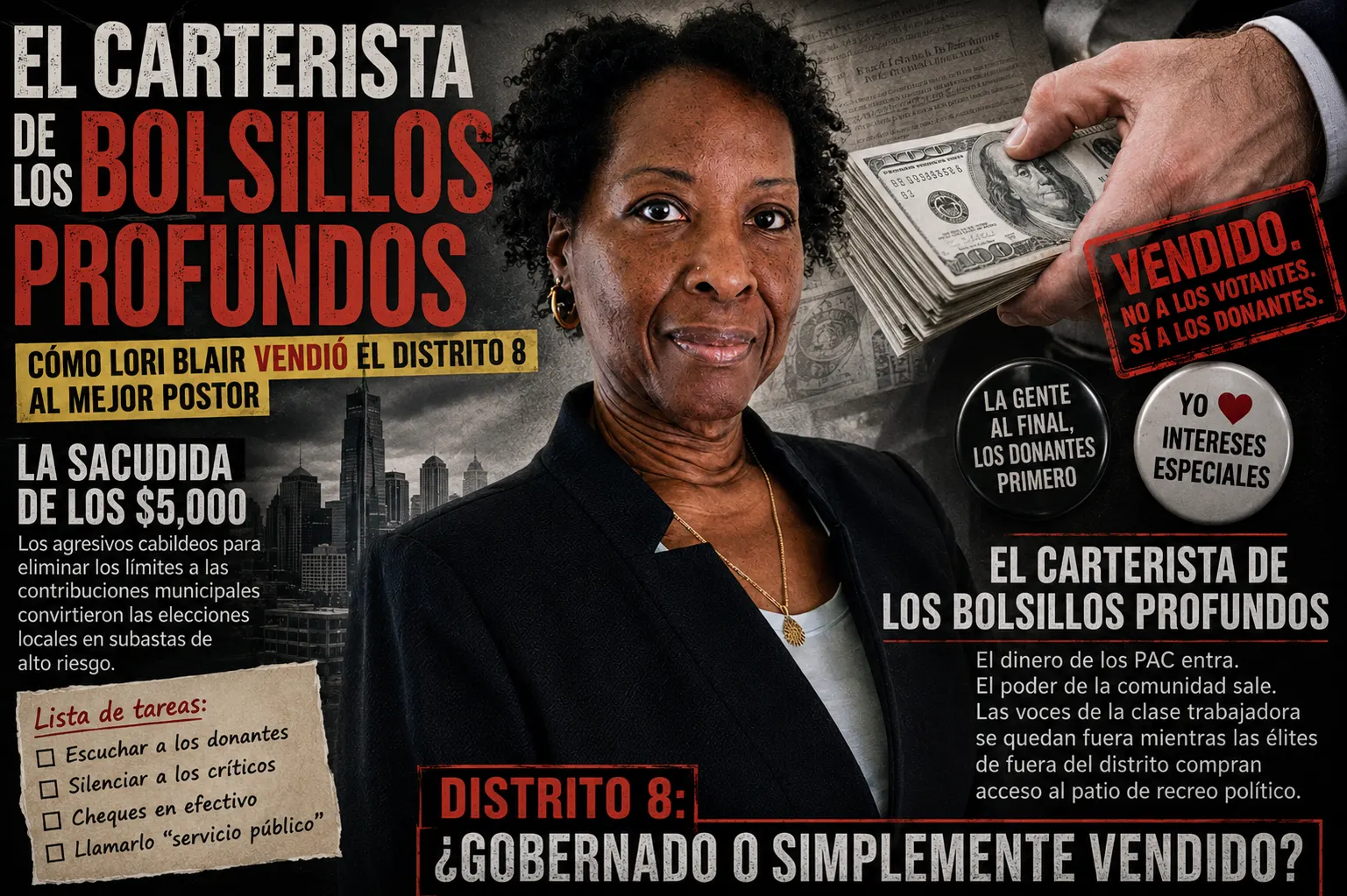 Gráfico editorial — “El Carterista de los Bolsillos Profundos: Cómo Lori Blair vendió el Distrito 8 al mejor postor.” Un fajo de billetes de campaña, con los lemas “Vendido. No a los votantes, sí a los donantes” y “Distrito 8: ¿gobernado o simplemente vendido?”